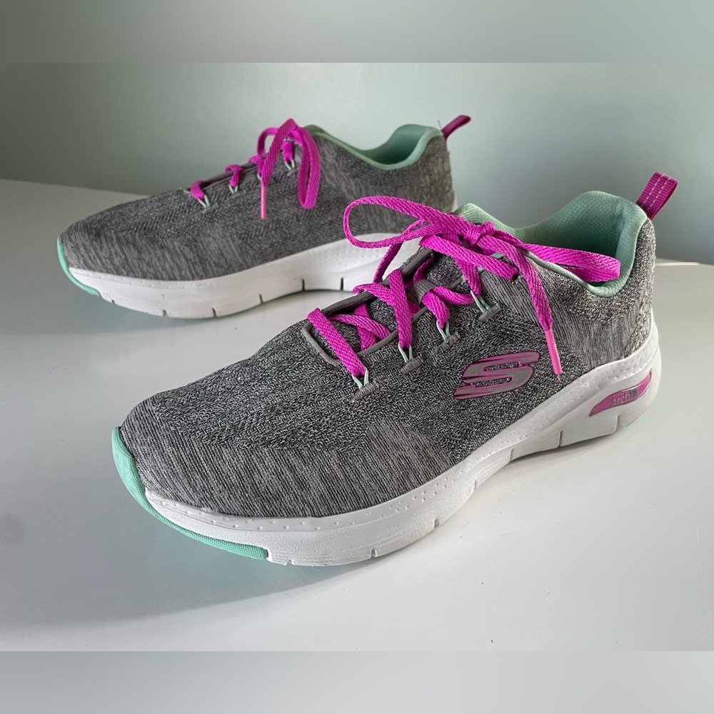 Skechers Arch Fit Air Cooled Size 9W Comfort Shoes Athletic Gray White Pink - Picture 3 of 15
